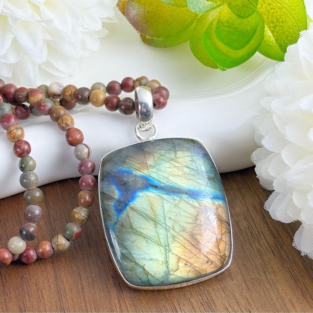 Pure Sterling Silver 925 Flash Labradorite Pendant Jasper Necklace Handmade New